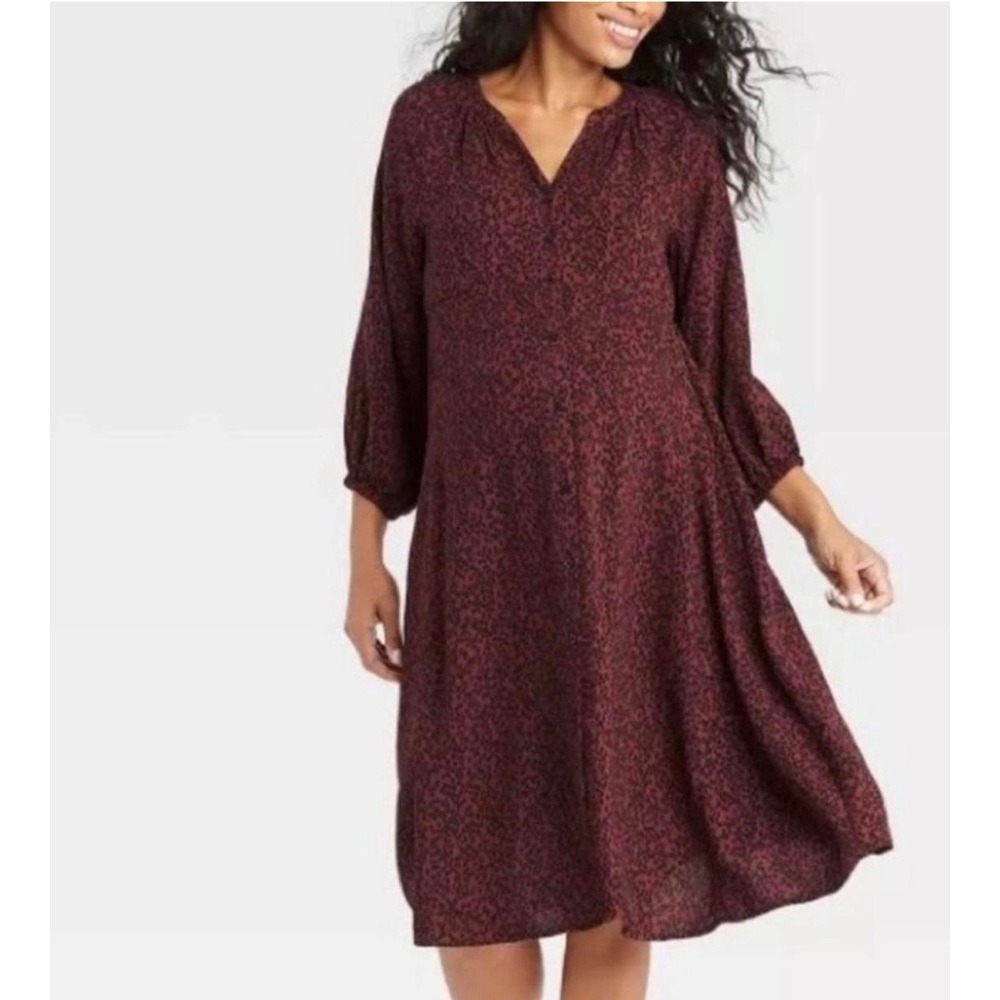 The Nines by Hatch Maternity Animal Print Button Front Midi Dress Burgundy S